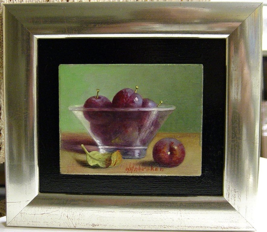 Hans Habraken - olieverf op paneel - stilleven met pruimen in glazen schaal kopen? Bied vanaf 195!