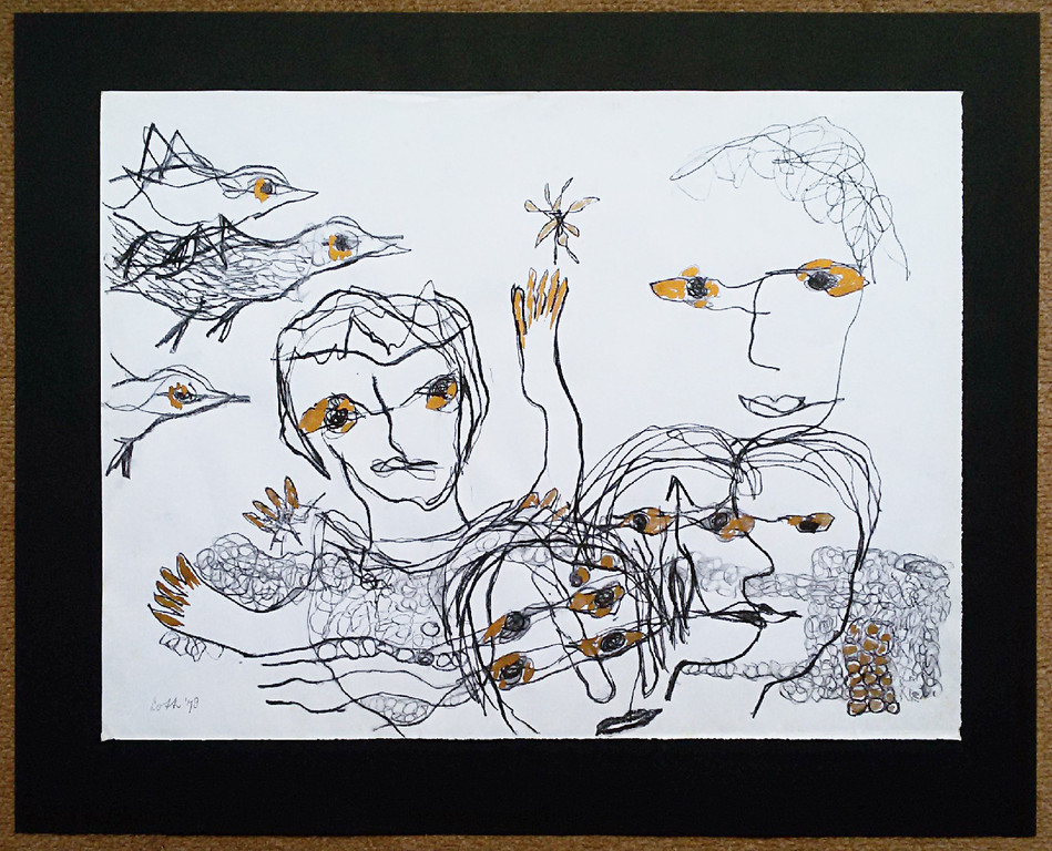 Lotti van der Gaag - Figuren met vogels, gemengde techniek op papier kopen? Bied vanaf 175!