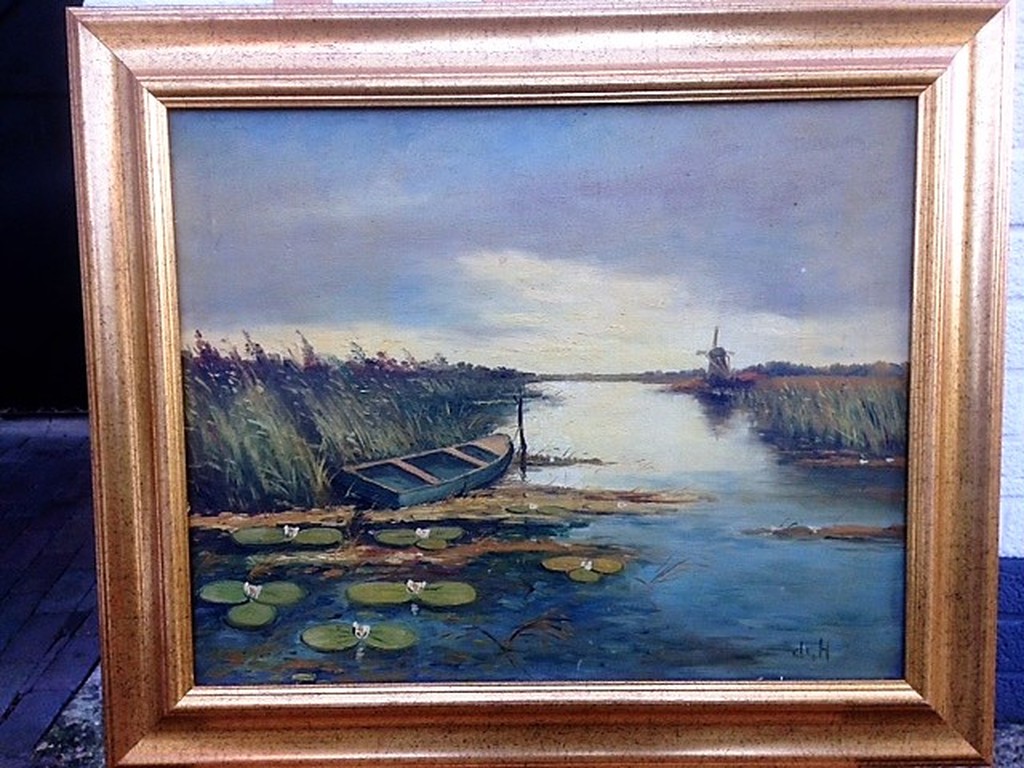 Onbekende kunstenaar (monogram De H.), olieverf op doek, Waterlandschap kopen? Bied vanaf 50!