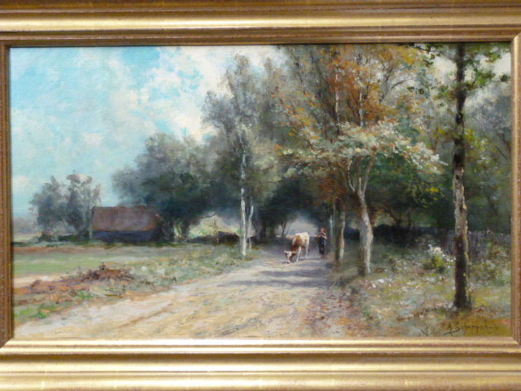 P.A. Schipperus - olieverf - Boerin met koe op landweg verkocht voor € 590!