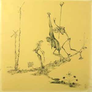 Melle Oldeboerrigter - Melle: Pen en zwarte inkt op papier, Vreemde Figuren verkocht voor € 100!