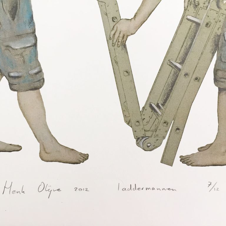 Henk Olijve, acryl, inkt en potlood op papier, Laddermannen kopen? Bied vanaf 48!