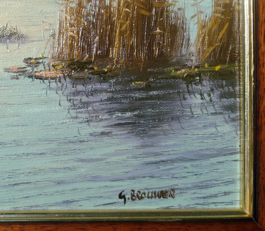 Gien Brouwer - Vliegende eenden in polderlandschap, olieverf op doek (ingelijst) kopen? Bied vanaf 125!