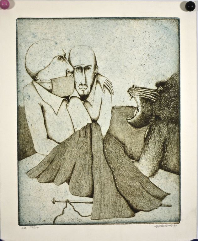 Sjef Henderickx: Ets/aquatint. Aap en twee figuren kopen? Bied vanaf 1!