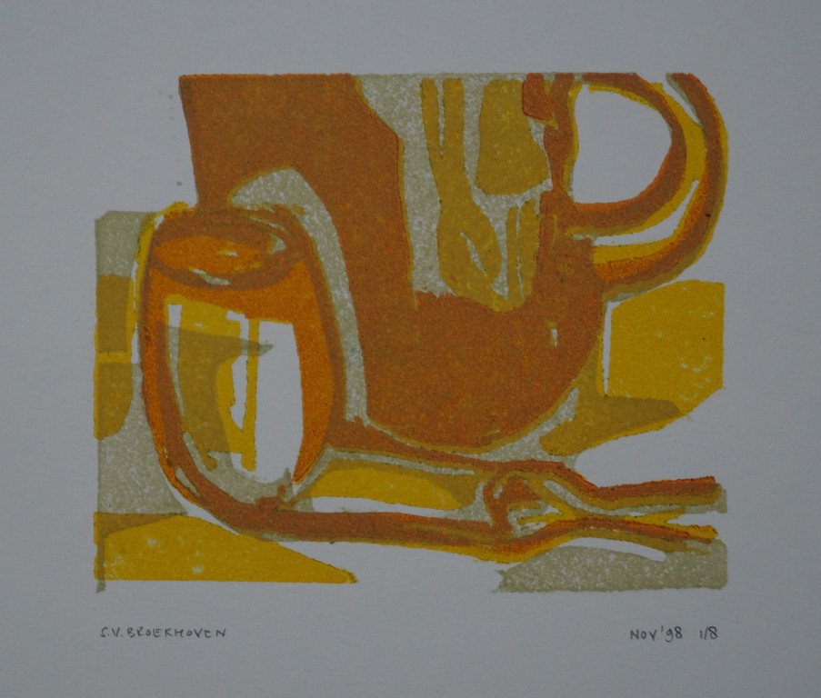 Saskia van Broekhoven - gesigneerde linosnede - stilleven pijp en mok kopen? Bied vanaf 15!