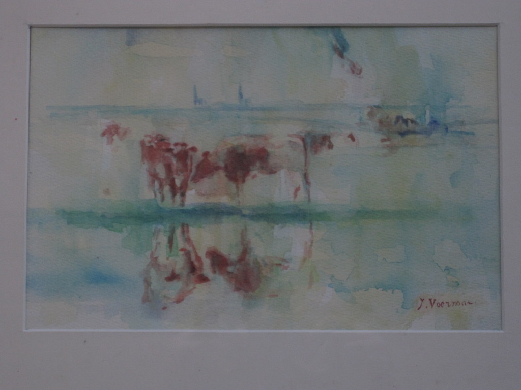 gesigneerd J. Voerman oude aquarel "Koeien langs slootkant"  kopen? Bied vanaf 1!