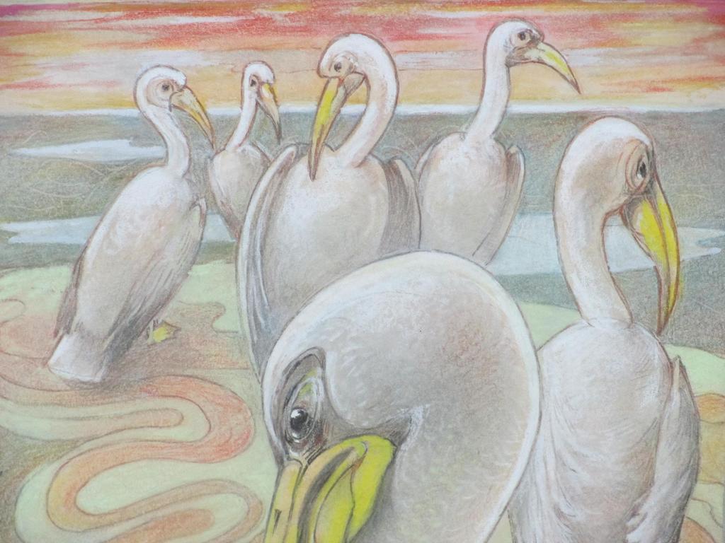 E.K. gesigneerd, Pelikanen, Art-Deco tekening kopen? Bied vanaf 1!