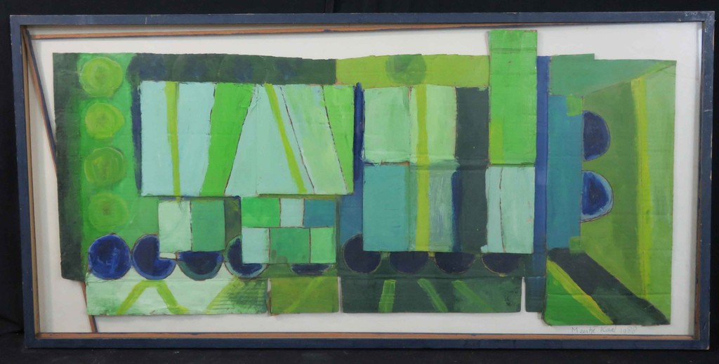 Meertje Kaal: Acryl op Collage van karton, Trein van Lubbers - Ingelijst kopen? Bied vanaf 1!