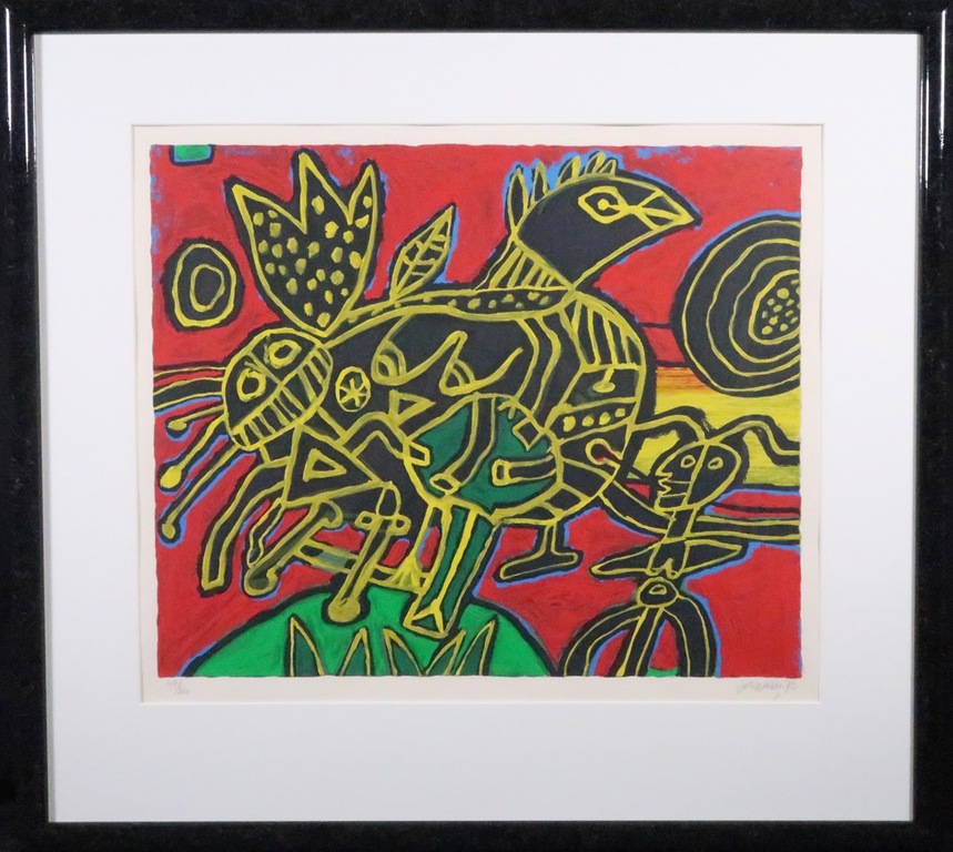 Corneille: Zeefdruk, Oiseau né du paysage I - Ingelijst verkocht voor € 160!