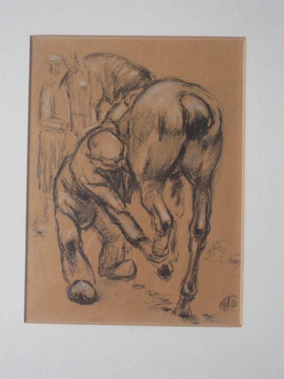 omstreeks 1920 realistische houtskooltekening van boer en paard met monogram kopen? Bied vanaf 1!
