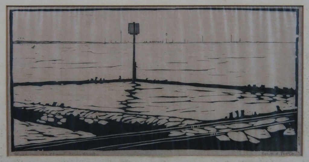 Jos van den Berg: Houtsnede, Hoek van Holland... -Ingelijst kopen? Bied vanaf 1!