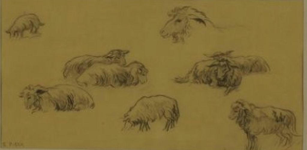 Gretha Pieck (1898-1920), tekening, studie van schapen verkocht voor € 125!