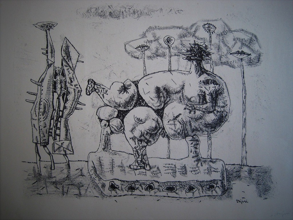 Originele en handgesigneerde Shinkichi Tajiri 1923-2009 litho "fantasy figures" verkocht voor € 85!