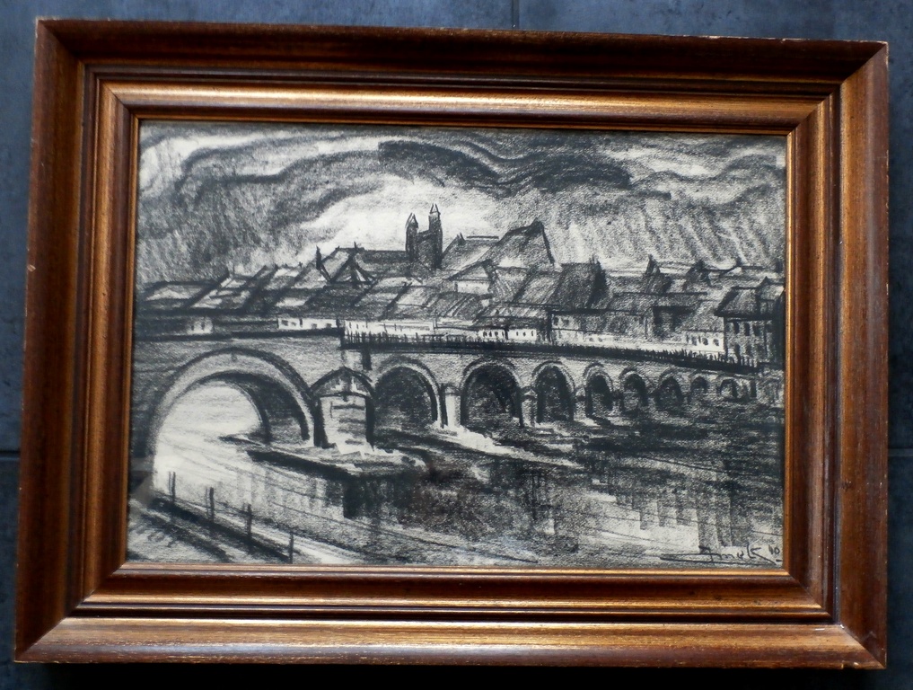 Jacques Mels - grote ingelijste houtskooltekening: Maasbrug - Maastricht - 1940 kopen? Bied vanaf 75!