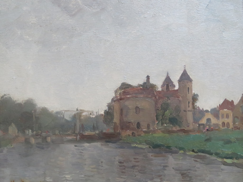Hugo van Schaik - olieverf op paneel - Gezicht op slot Loevestein verkocht voor € 61!