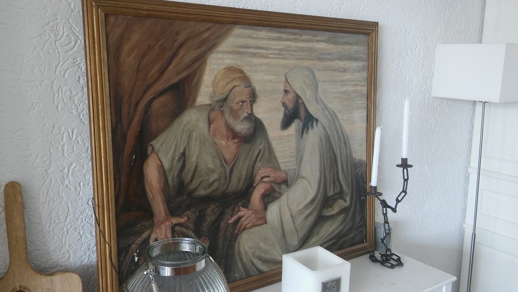 Jan Dunselman: Olieverfschilderij, Petrus en de visser  kopen? Bied vanaf 650!