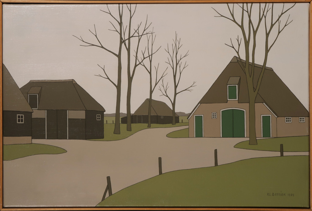 Klaas Bernink: Olieverf op doek, Boerderij met kale bomen - Ingelijst verkocht voor € 450!