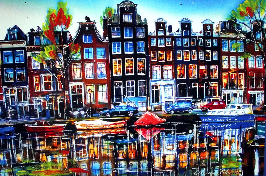 Elena Polyakova:   Amsterdamse gracht, Gemengde techniek kopen? Bied vanaf 100!