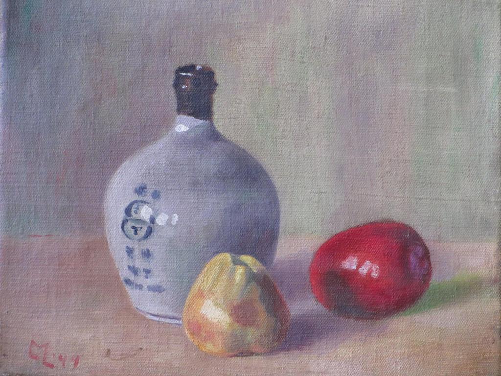 Onbekend, LM, Stilleven met fruit en fles, Olie op doek kopen? Bied vanaf 1!