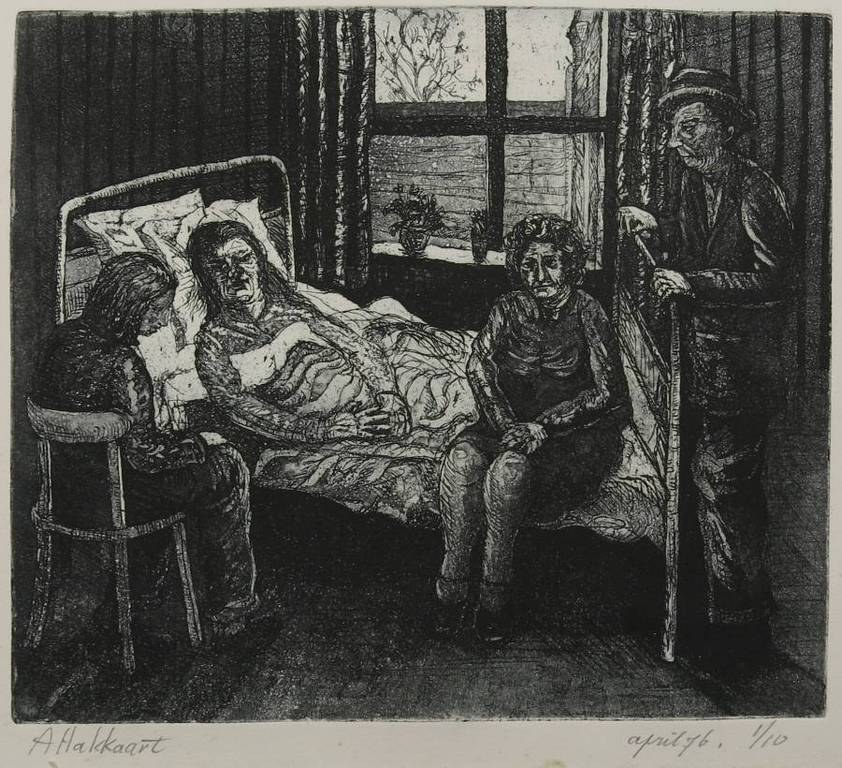 Fer Hakkaart: Ets aquatint, Gezelschap rondom een bed verkocht voor € 50!