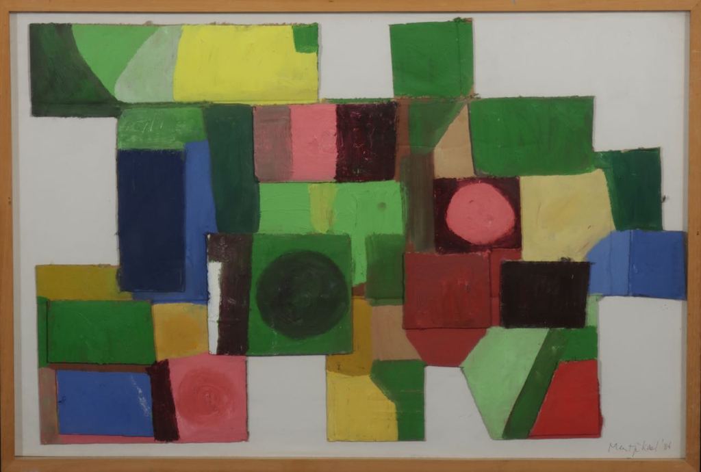 Meertje Kaal: Olieverf en collage op karton, Zonder titel - Ingelijst verkocht voor € 36!