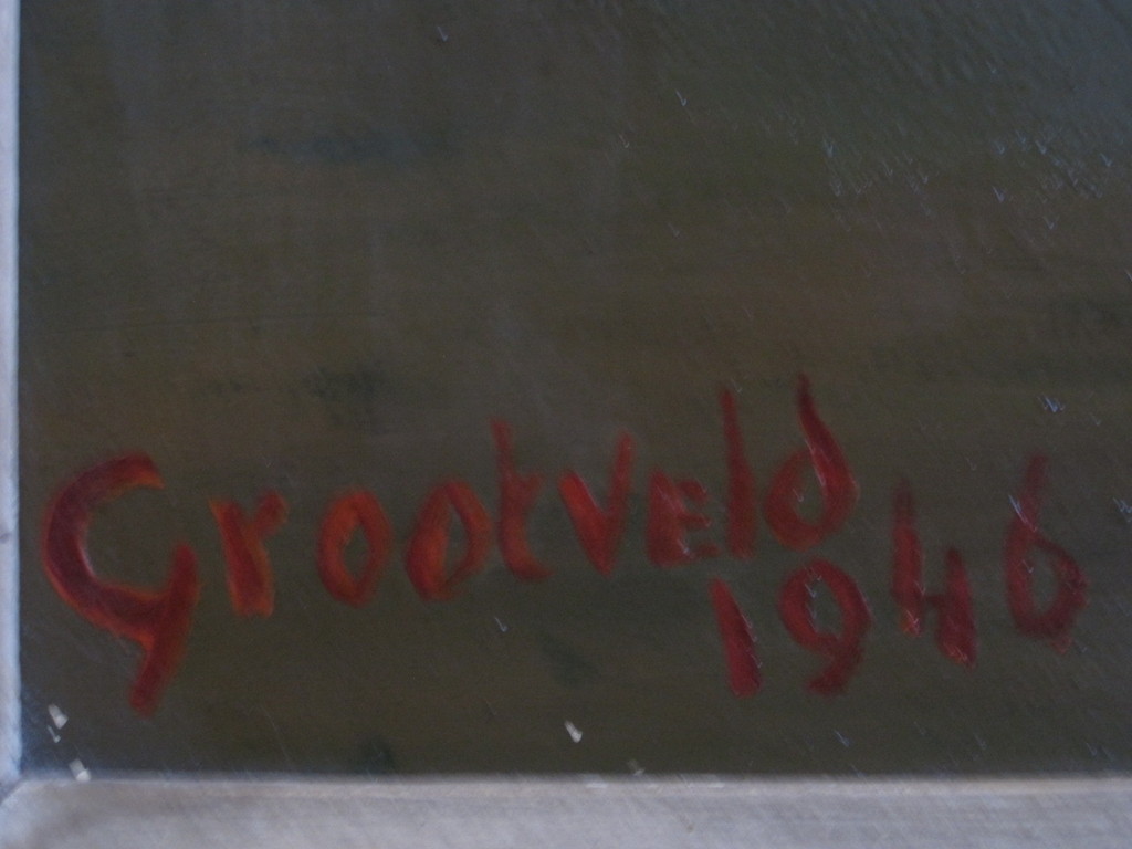 Prachtig GROOT gesigneerd "Grootveld 1949" stilleven van rode potplant Begonia?  kopen? Bied vanaf 1!