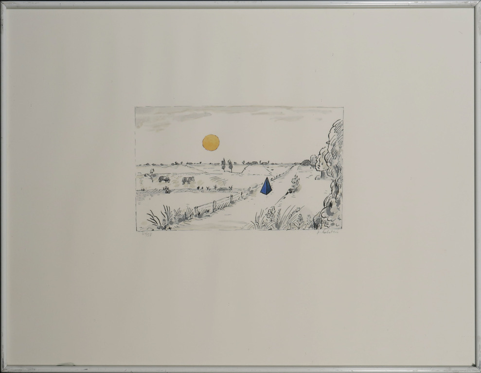 Pieter Holstein: Handgekleurde Litho, Landschap met blauwe piramide - Ingelijst kopen? Bied vanaf 1!