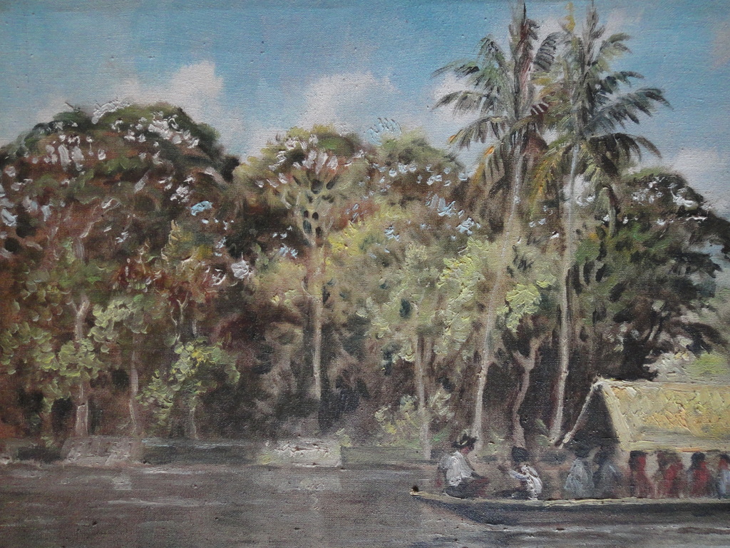 Indonesische school: olieverf, landschap met boot op rivier kopen? Bied vanaf 1!
