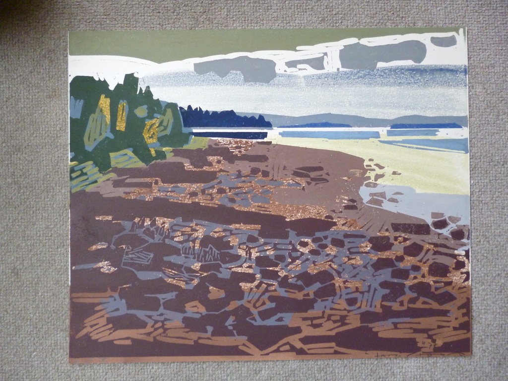 Hein Stork - kleurenlinosnede - Strand aan het Siljanmeer kopen? Bied vanaf 125!