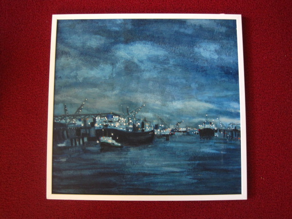 GROOT acrylverf op board schilderij "Haven van Rotterdam bij nacht" gesigneerd  kopen? Bied vanaf 1!