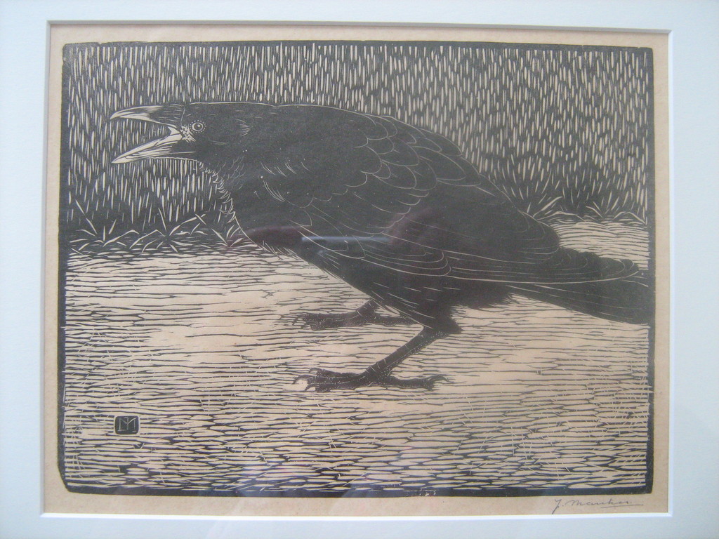 JAN MANKES, Schreeuwende Kraai, gesigneerd en gemonogrammeerd, houtsnede  kopen? Bied vanaf 550!