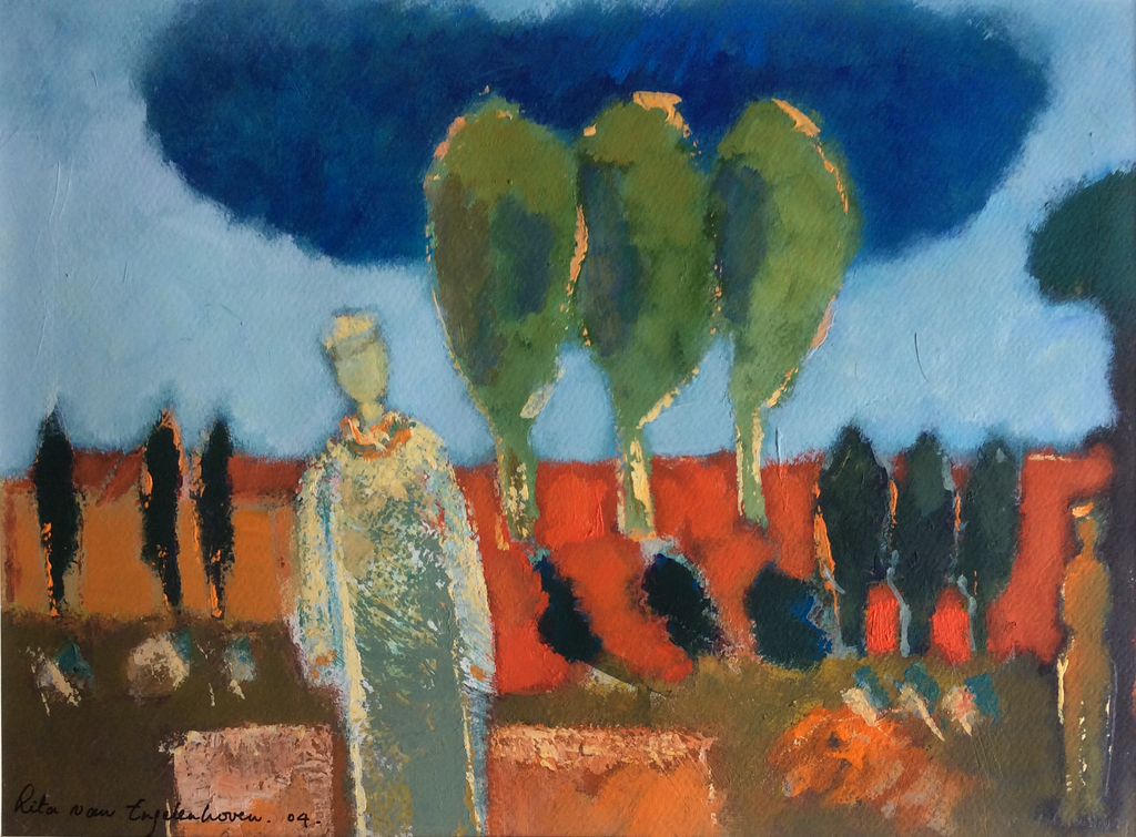 Lita van Engelenhoven - figuren in landschap - werk op papier, gelijst - gesign. verkocht voor € 125!