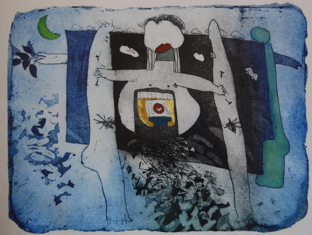 Michel van Overbeeke breakfast III ets 21/50 met bladgoud ingelegd 1993 verkocht voor € 125!