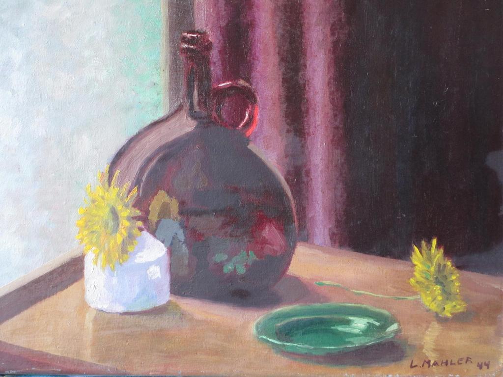L.Mahler?, Stilleven met fles en bloemen, Olieverf op doek kopen? Bied vanaf 1!
