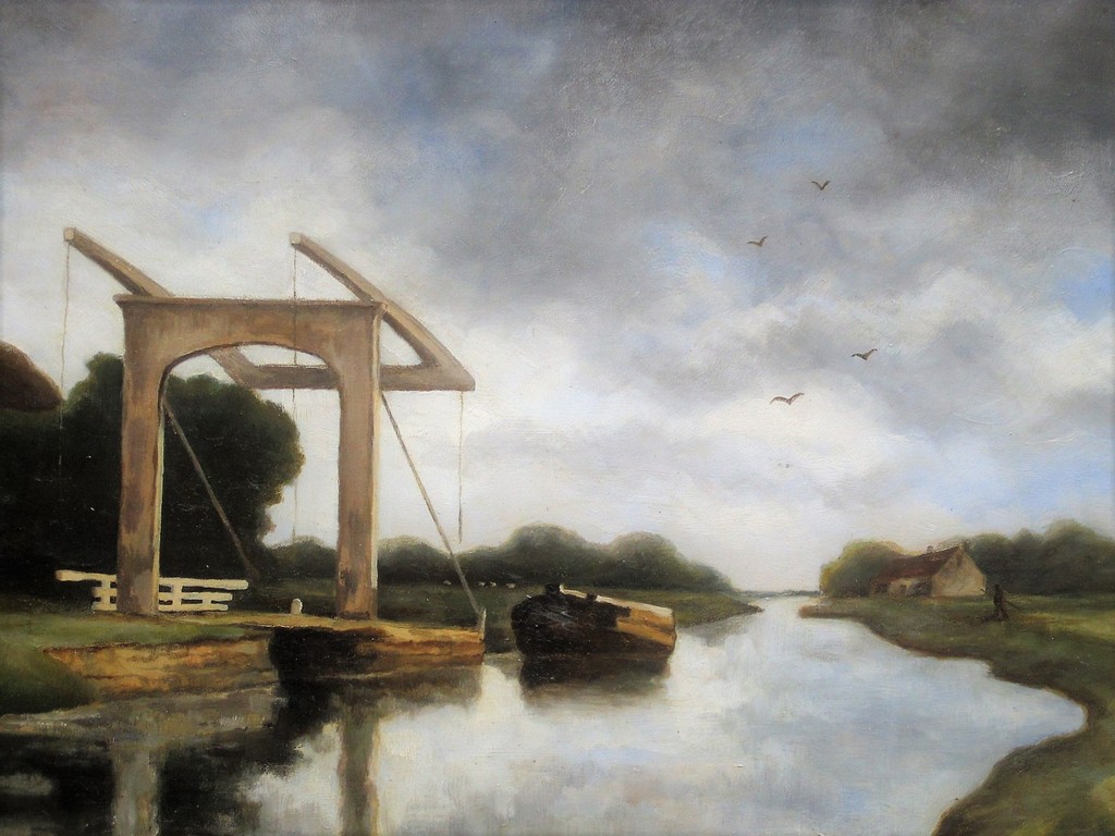 Groot oud olieverf "Ophaalbrug bij Nieuwkoop Zuid Holland" ongesigneerd kopen? Bied vanaf 1!
