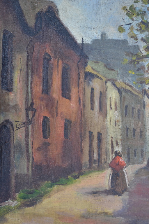 Onbekende kunstenaar - Olieverf op doek - Straatje met wandelende vrouw kopen? Bied vanaf 1!