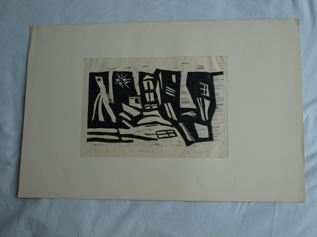 Frits Vanèn :  Houtsnede – Theater II – 1961 – oplage 15 ex. kopen? Bied vanaf 1!