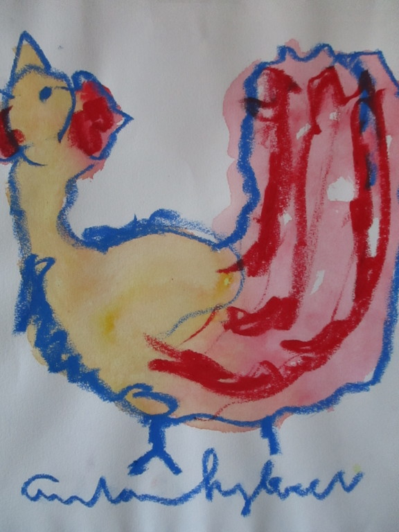 Anton Heyboer - crayon en aquarel op molenpapier - spetterkip verkocht voor € 100!