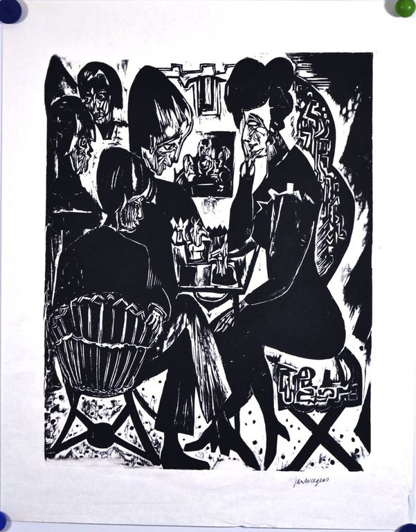 Jan Wiegers: Houtsnede. De schaakspelers kopen? Bied vanaf 1!