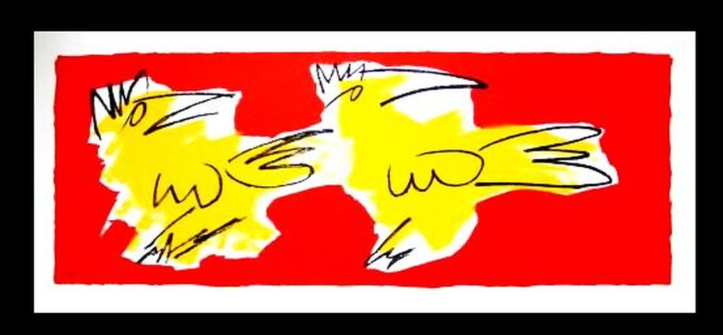 Frank Lengvenius, zeefdruk Vogels (rood) verkocht voor € 50!