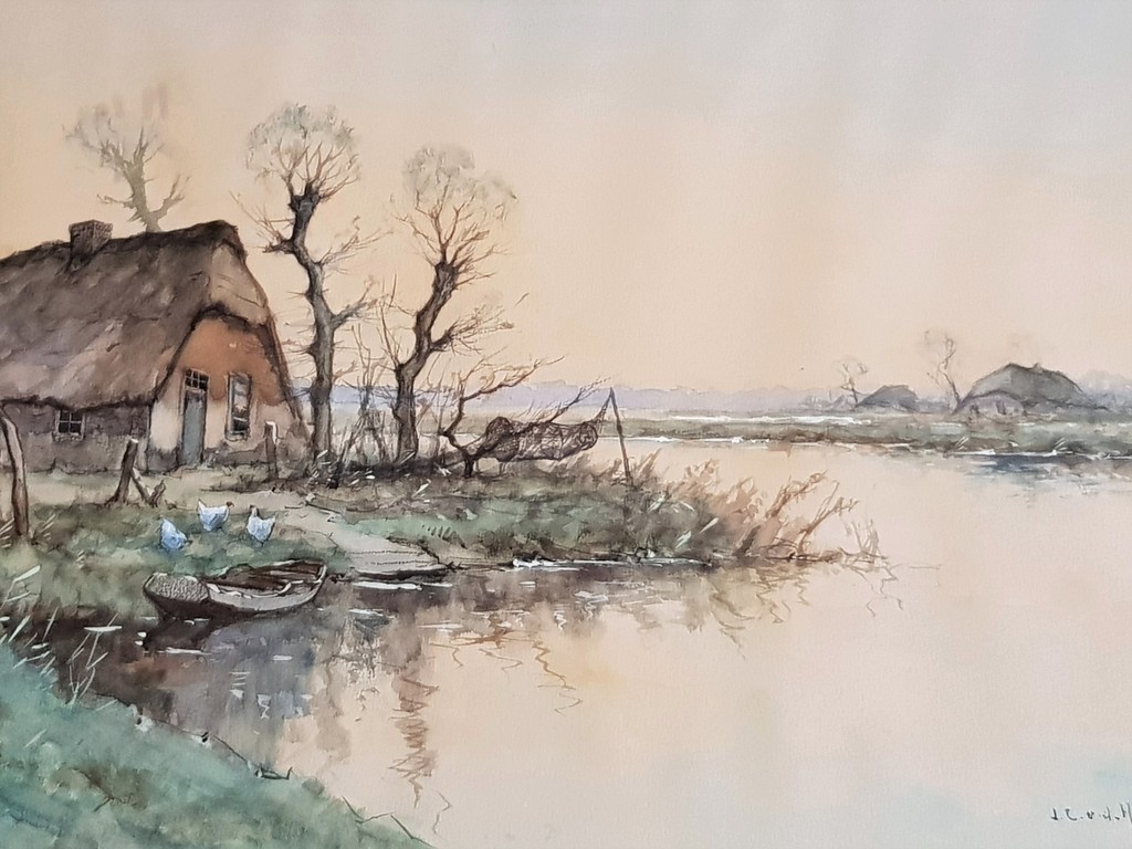 J.C. van der Heijden - Boerderij met kippen - Gesigneerde aquarel verkocht voor € 55!