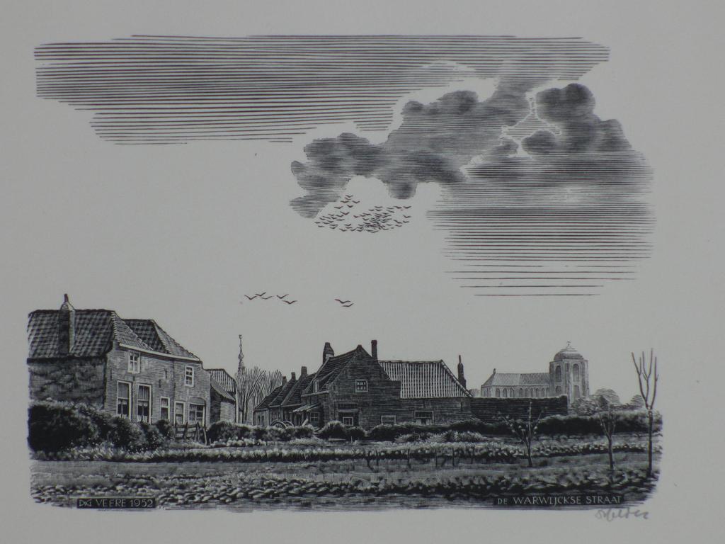 Dirk van Gelder, Warwijcksestraat Veere - Houtgravure 1952 verkocht voor € 50!
