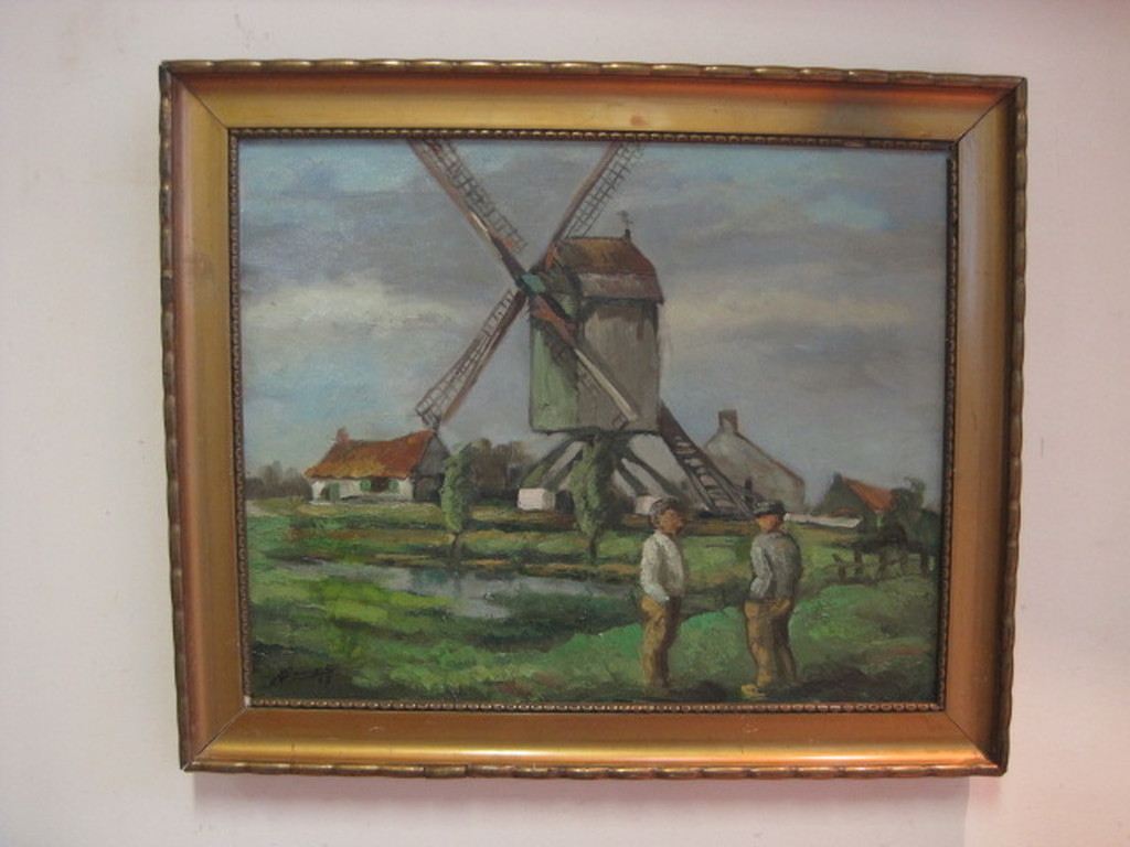 onduid gesigneerd olieverf "boeren bij molen in polderlandschap" kopen? Bied vanaf 1!