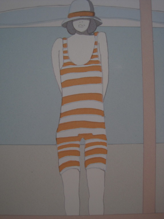 Leuke handgekleurde Litho "Jonge vrouw in badpak" gesigneerd francoise Martinell verkocht voor € 86!