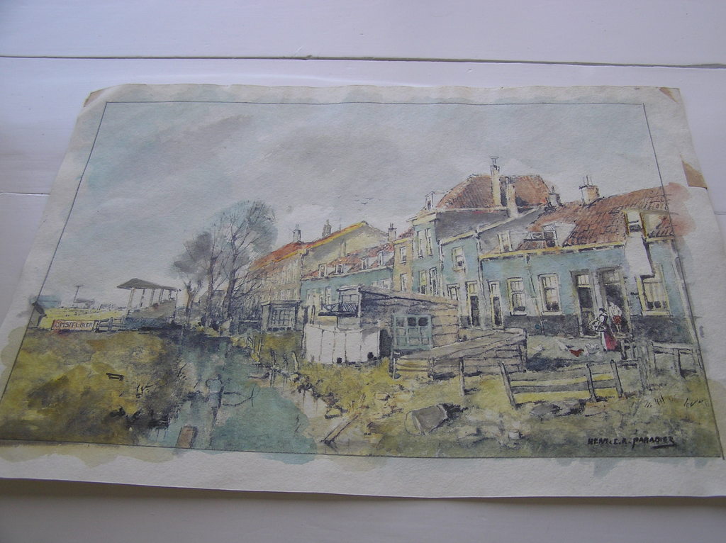 Studie Aquarel Herman C.A. Paradies, Stadsgezicht van de Konijnenbuurt in Schiedam kopen? Bied vanaf 30!