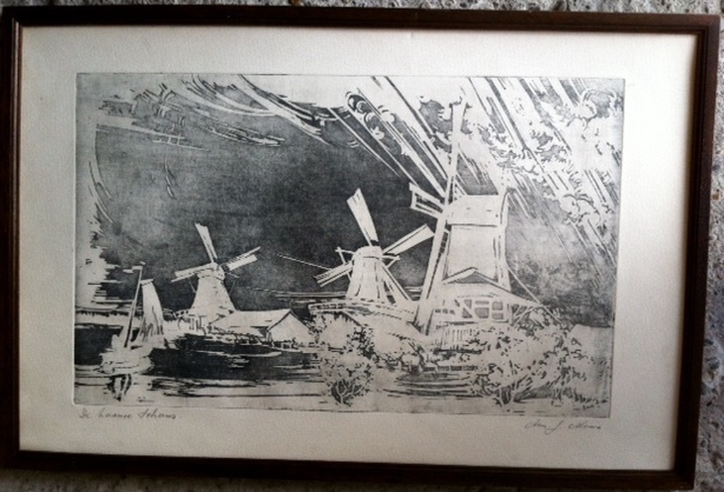 Prachtige ets ARN.J.MENS - ZAANSE SCHANS 52 X 35 cm = gesigneerd. kopen? Bied vanaf 8!