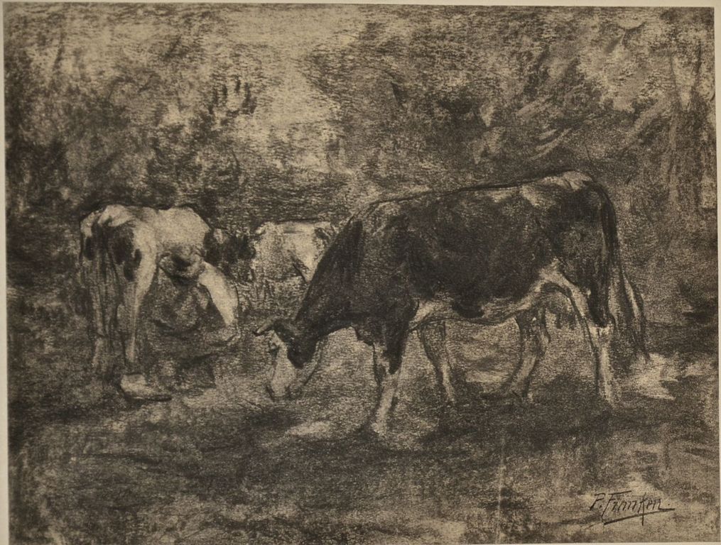 Onbekend (Gesigneerd): Tekening. Grazende koeien +- 1900 kopen? Bied vanaf 1!