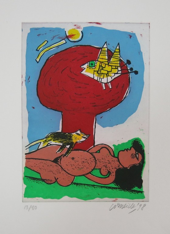 Corneille: Ets en Aquatint, Naakt met kat en vogel kopen? Bied vanaf 120!