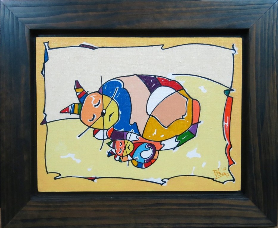 Paul Bartels: Acryl op paneel, Poes met poesje - Ingelijst verkocht voor € 80!