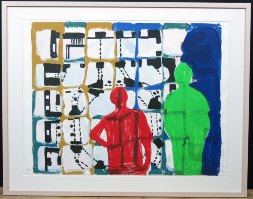 Cees Dolk: Zeefdruk, Figuren plan 2 - Ingelijst verkocht voor € 55!